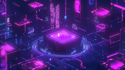 Cyberpunk Cityscape Isometric View Neon Glowing Purple Blue Digital Technology
