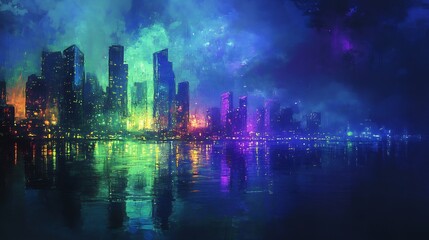 Fototapeta premium Vibrant neon cityscape reflects magically in calm water at night. AI Generated