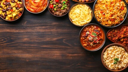 Diverse International Cuisine Dishes on Wooden Table