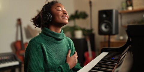 A woman seated at a piano in a modern music studio  wearing headphones around her neck and creating great music