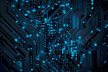 Abstract close-up of a glowing blue digital circuit board, showcasing intricate connections and technological design on a black background.
