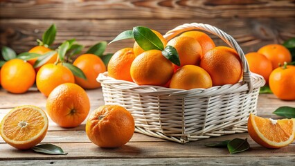 Fresh Juicy Oranges in White Basket - Healthy Fruit Stock Photo