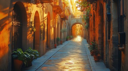 Fototapeta premium Gothic alleyway in Barcelona basking in golden afternoon light