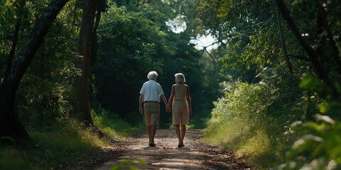 Obraz premium A senior couple exploring a lush green forest, surrounded by tall trees and dappled sunlight filtering through the foliage