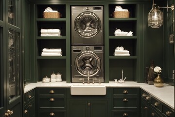 Green laundry room with stacked washer and dryer, towels, and cabinets for home improvement