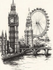 Fototapeta premium Hand-drawn illustration of London skyline with Big Ben and Tower Bridge