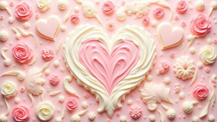 Elegant swirling hearts dance among delicate cream and rose patterns.