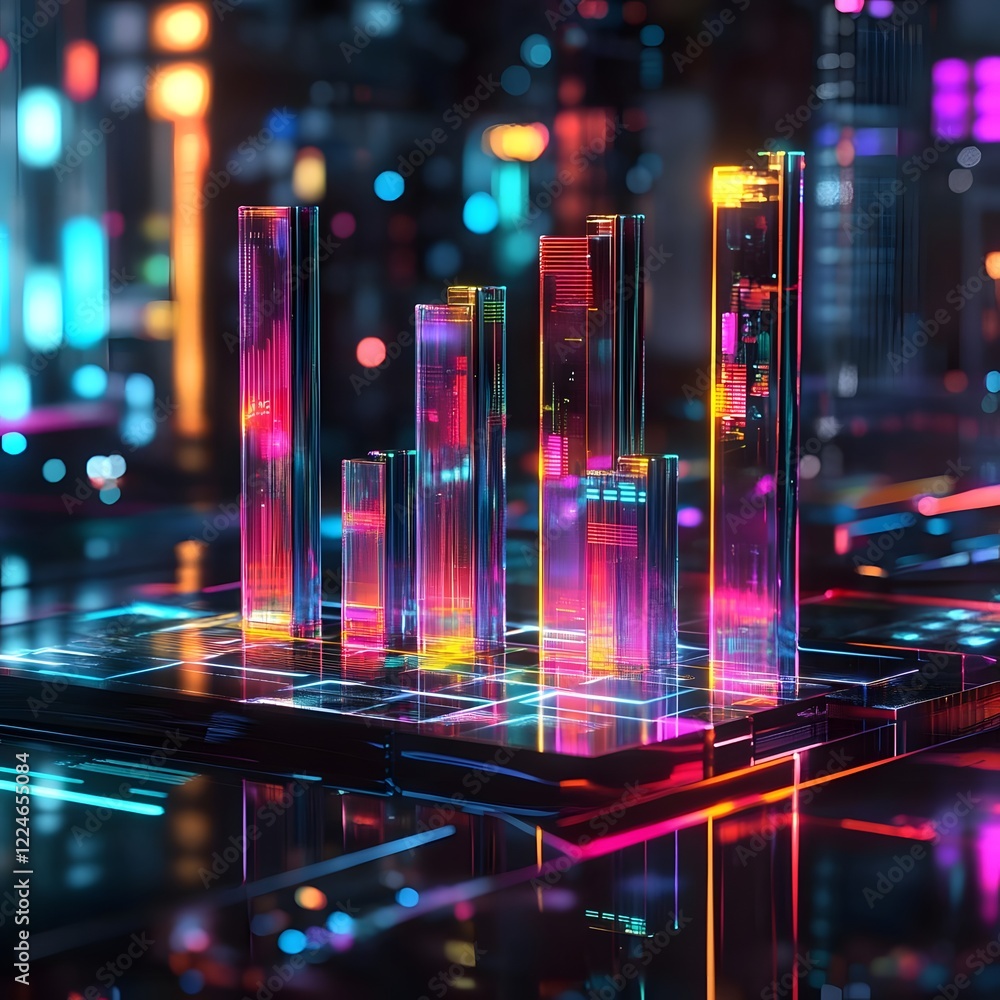 Poster a vibrant, futuristic data visualization with colorful bars representing information.