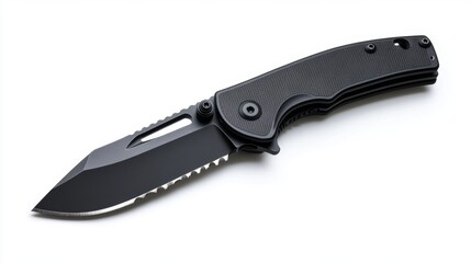 A sleek black folding knife with a sharp blade designed for durability and ease of use. Ideal for outdoor adventures and everyday tasks. Generative AI
