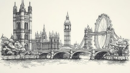Fototapeta premium Hand-drawn illustration of London skyline with Big Ben and Tower Bridge