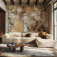 Cozy living room with artistic floral wall vector decor.