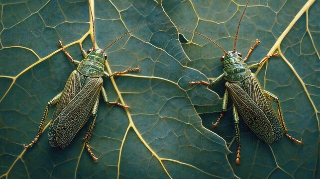 Two katydids on leaf, nature close-up, macro photography, vibrant green background, for nature publications