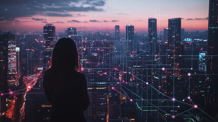 Abstract business woman stands on Smart digital Innovation city with connection network reciprocity over the twilight cityscape. of future wireless digital city and social media networking systems