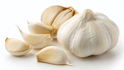 Fresh White Garlic Bulb and Cloves Isolated on White Background - High-Resolution Stock Photo
