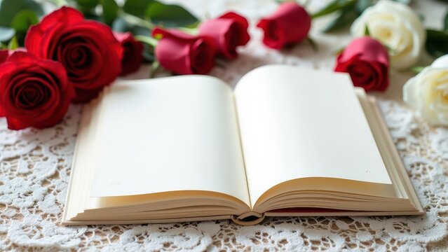 A red rose placed on an open book with a romantic and floral vibe, symbolizing love, beauty, and Valentine's Day.