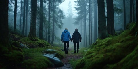 A senior couple strolling through a misty forest in the early morning
