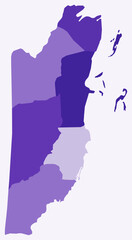 Map of Belize with regions. A simple country border map with regional divisions. Features a deep purple color palette and a flat design. Vector illustration.
