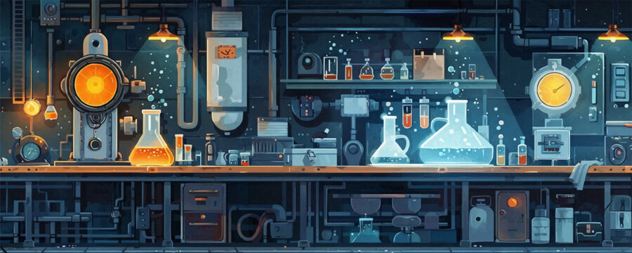 Vector art of a mysterious laboratory with glassware and apparatus.