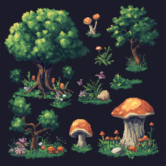 Pixel art vector: enchanting forest with mushrooms and trees.