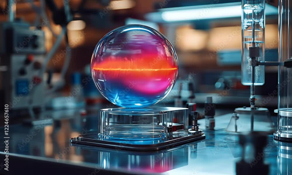 Poster lab experiment glowing sphere on table, science research