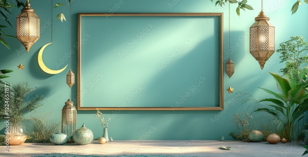 Poster cozy indoor space with decorative lanterns and empty frame display
