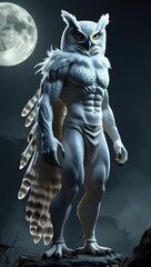 A muscular white owl with six-pack abs standing on two legs like a man on a rocky mountain peak at night with a full moon. Mobile wallpaper.