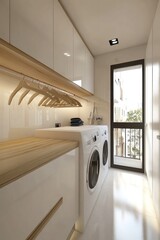 Laundry room with white washer, wood counter and clothes hangers.  Apartment balcony in background