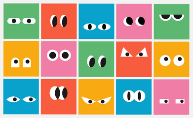 Various Eyes with different Emotions. Square with abstract geometric big eye in flat style. Colorful elements