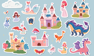 Vector fairytale elements featuring castles, dragons, and princesses.