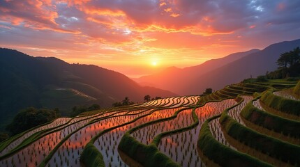 Terraced Rice Paddies at Sunset with Vibrant Reflections and Rolling Hills