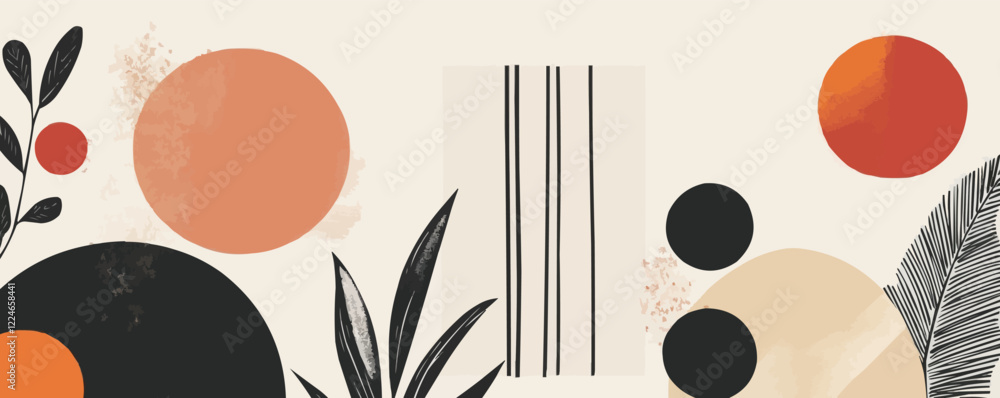 Poster abstract vector with geometric shapes and botanical elements.