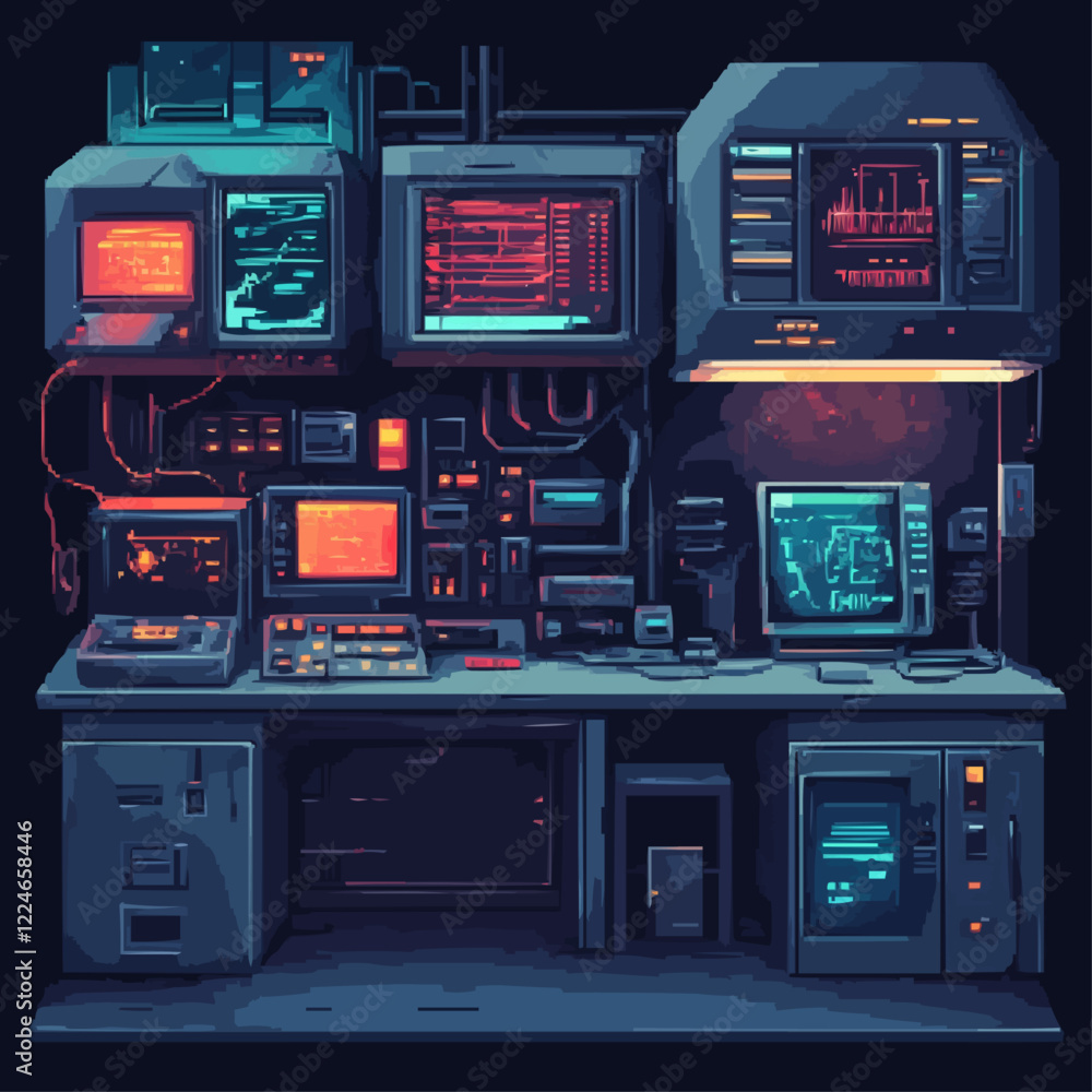 Poster retro futuristic vector control room with digital monitors and devices.