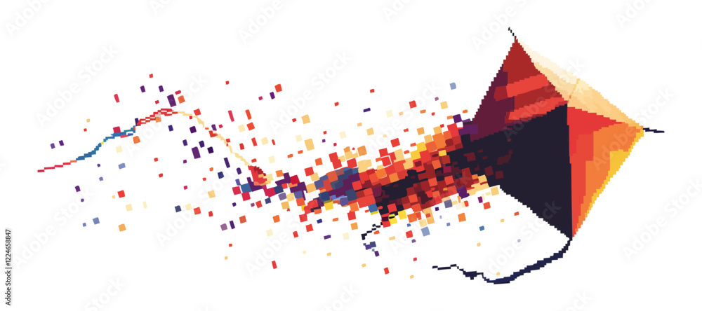 Poster abstract geometric kite vector art with dynamic pixel elements.