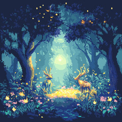 Enchanted forest vector: deer amidst glowing fireflies.
