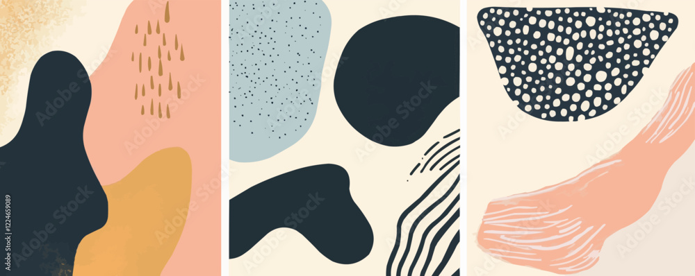 Poster modern vector abstract art: organic shapes and patterns in neutral tones.