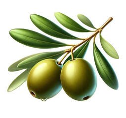Isolated olives. Green olives fruits with leaves on a branch isolated on white background with clipping mask.