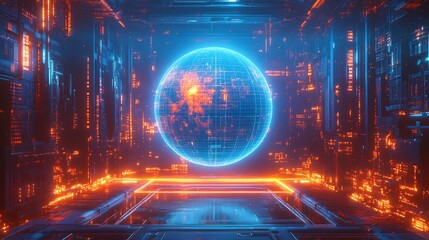 Obraz premium Cyberpunk Globe Glows Vividly Orange and Blue Light. AI Generated