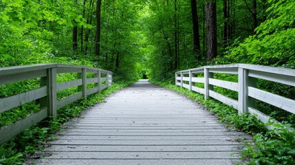 Fototapeta premium Wooden boardwalk path leads through a lush green forest during a bright summer day.