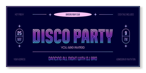 Disco party ticket template in purple neon colors. For parties, concerts, and other 90-s style projects. Vector, for web and print. Just add your text.