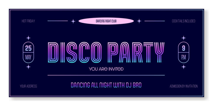 Disco party ticket template in purple neon colors. For parties, concerts, and other 90-s style projects. Vector, for web and print. Just add your text.