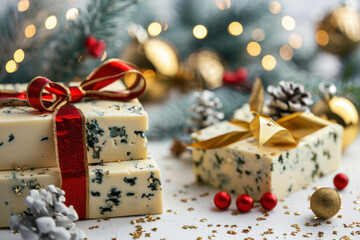 Festive blocks of blue cheese wrapped with ribbons, placed on a winter-themed background with pinecones, bokeh lights, and holiday decorations.
