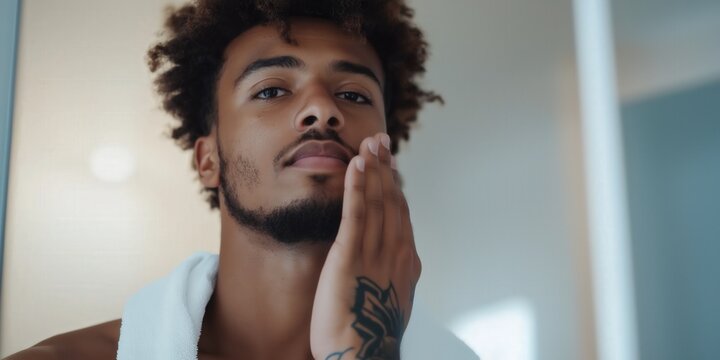 A young man examining his face in the mirror, gently touching his jawline as part of his self-care and grooming morning routine - Powered by Adobe