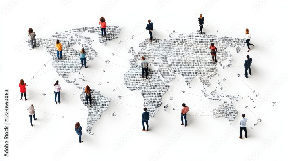 Aufkleber diverse group of people connecting globally on a world map with digital network lines