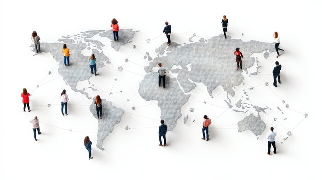 Diverse group of people connecting globally on a world map with digital network lines