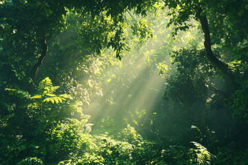 Obraz premium Lush forest illuminated by soft golden sunlight