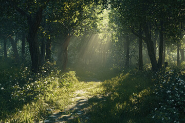 Obraz premium Enchanted forest with sunbeams creating a mystical ambiance