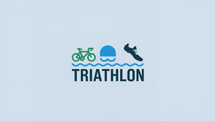 A triathlon logo with the text word and three abstract water and icons representing the three events of a triathlon: bike, a swimming cap, a running shoe. Clean minimalist simple style illustration