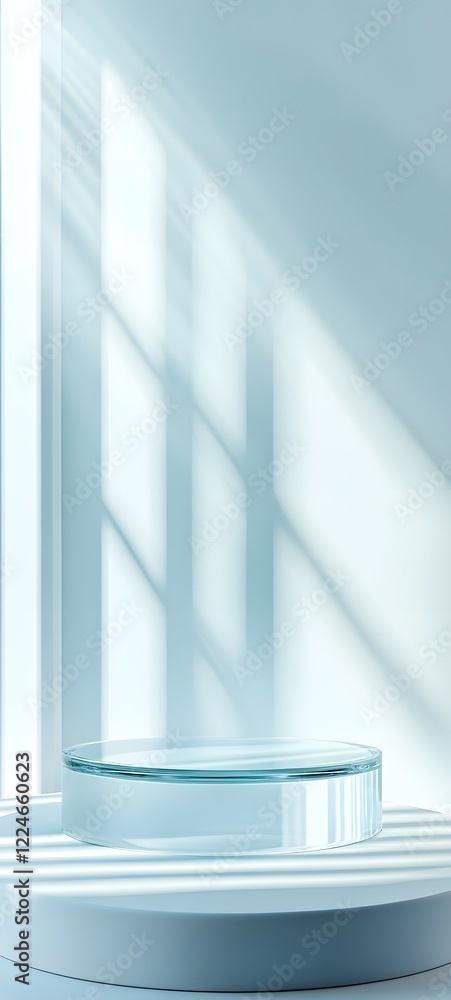 Aufkleber a podium with a smooth glass surface, placed on a clean, white background with soft shadows and subt