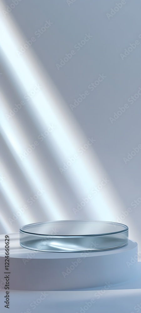 Poster a podium with a smooth glass surface, placed on a clean, white background with soft shadows and subt
