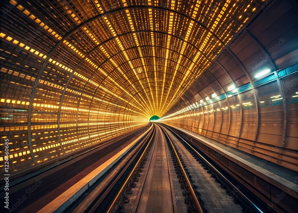 Poster futuristic golden matrix tunnel: abstract digital motion loop background